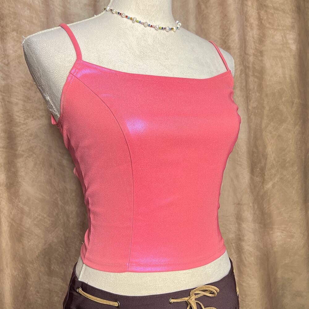 Vintage Y2K Pink Iridescent Color Shift Tank Top Open Tie Back McBling Rave Euro
